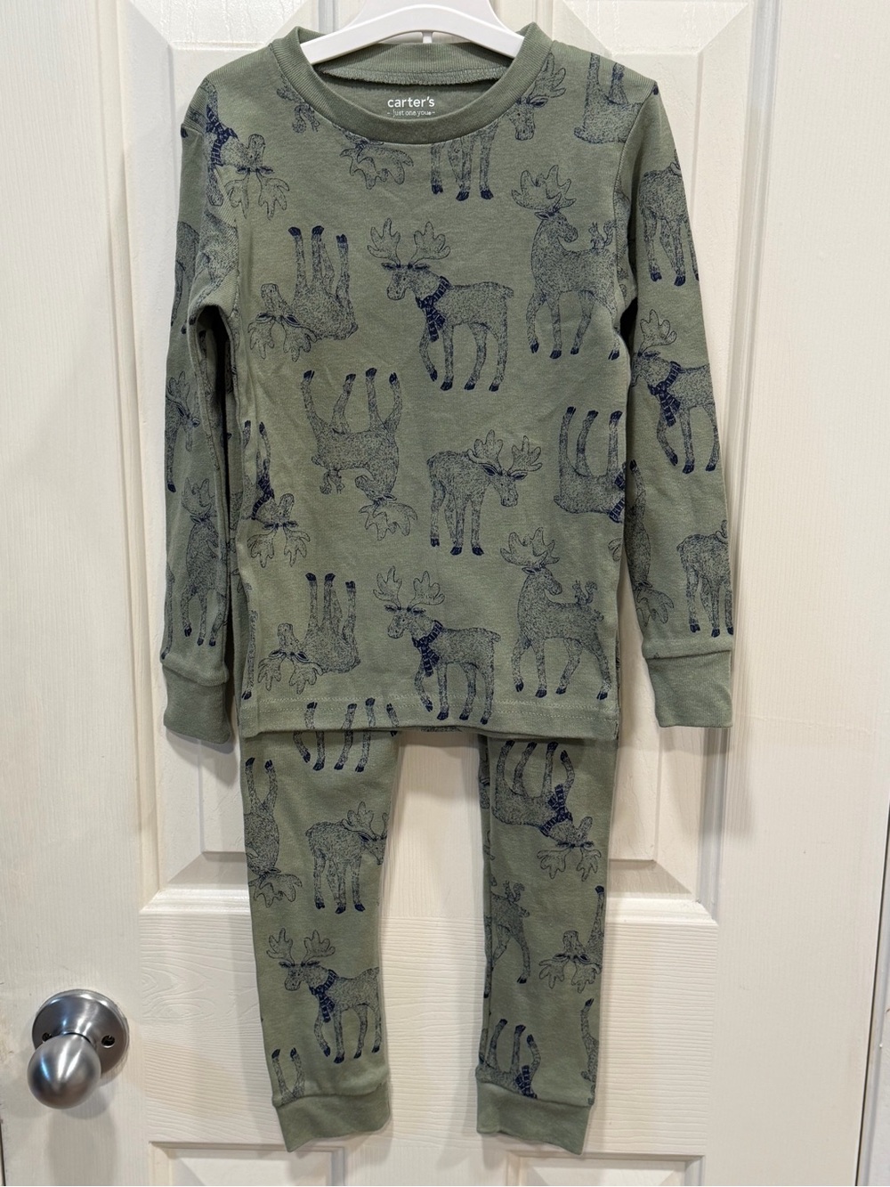 Carter's 4T Olive Green Moose Print Pajama Set with Navy Accents